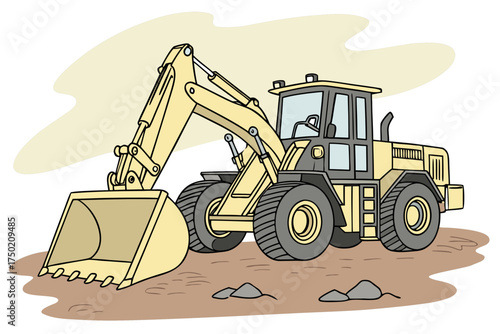 Cartoon yellow construction vehicle on brown ground illustration