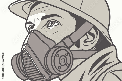 Close up of a man wearing a respirator mask