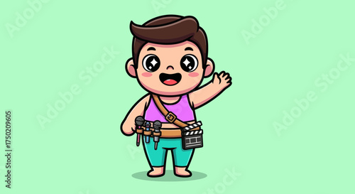 Cartoon of a sound technician with microphones and a clapperboard on a mint background