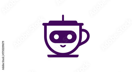 Purple line drawing of a smiling robot in a cup