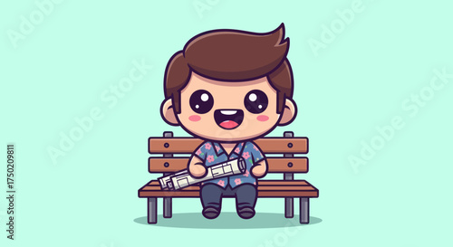 Cartoon man with plans sits on park bench