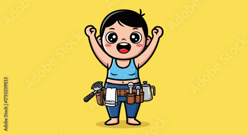 Cheerful barista cartoon with belt holding tools, arms raised