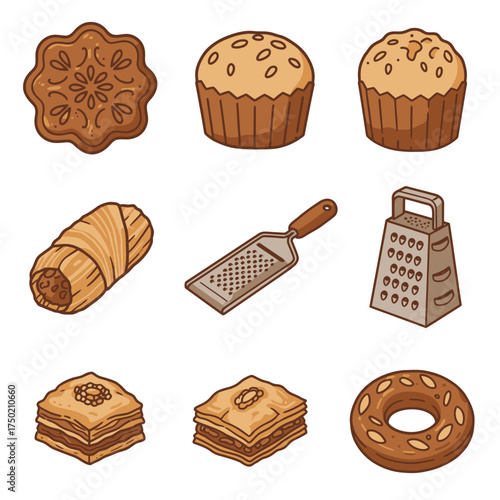 A charming vector illustration displays an appetizing variety of baked goods, including muffins, baklava, and decorative cookies, with useful kitchen graters.