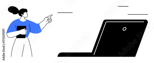 Confident woman in blue holding tablet pointing at floating elements near a laptop. Ideal for teamwork, technology, innovation, presentation, creativity, education, leadership. Simple flat metaphor