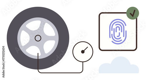 Tire linked to pressure gauge, fingerprint scan with green approval checkmark, and cloud icon. Ideal for automation, maintenance, security, remote control, authentication, technology and efficiency