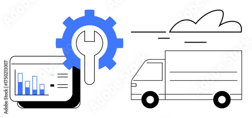 Analytics dashboard with graphs alongside gear and wrench icon near fast-moving delivery truck beneath a cloud. Ideal for logistics, transportation, data analysis, inventory, maintenance, planning