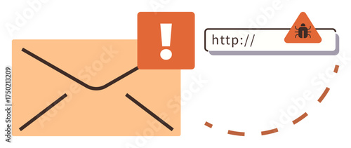 Envelope with exclamation mark alert, suspicious URL bug icon emphasizing cybersecurity threats. Ideal for spam warning, phishing awareness, email security, data protection, online safety, fraud