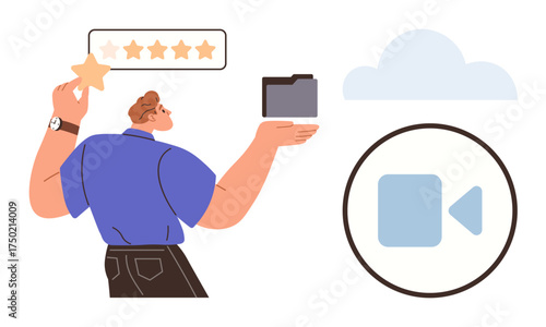 Person choosing star rating, holding folder, near cloud and video icon. Ideal for feedback, storage, media, online platforms, file sharing technology innovation. Simple flat metaphor