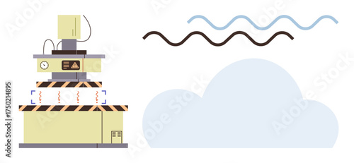 Industrial machine sending wireless signals into the cloud, signifying data transfer, IoT, and connectivity. Ideal for technology, communication, industry 4.0, cloud computing automation