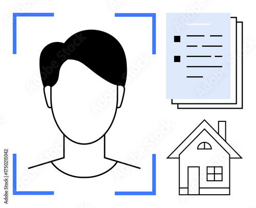 Human face with recognition frame, document stack, and house outline. Ideal for identity verification, privacy, security, biometrics, digital access data processing property management. Simple flat