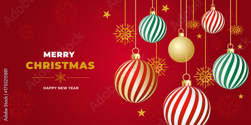 Christmas sale and Happy new year background. Xmas greeting card with ornament striped golden balls and snowflakes. poster flyer design background for promotion, brochure, greeting. vector illustratio