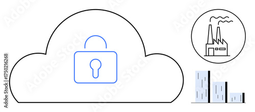 Secure cloud with lock symbol linked to industrial plant and bar graph, reflecting data protection, cybersecurity, and technological progress. Ideal for cloud computing, data privacy, business