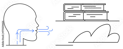 Side profile of a head emitting arrows, stack of books, and cloud icon. Ideal for themes such as communication, education, knowledge, technology, information storage digital transformation. Simple