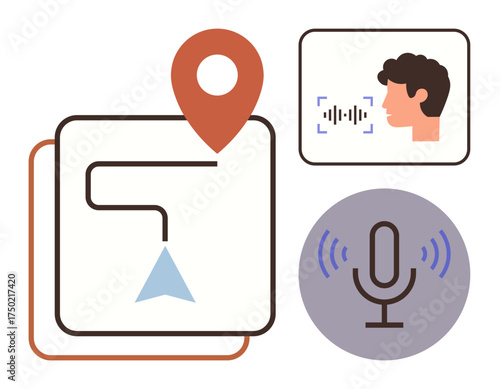 Location pin and navigation path, voice profile with soundwave, and microphone with bank lines. Ideal for technology, navigation, voice control, speech tech, communication, AI simple flat metaphor