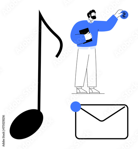 Man holding trophy and coin beside oversized musical note and envelope. Ideal for creativity, recognition, communication, success, motivation, education, branding. Simple flat metaphor