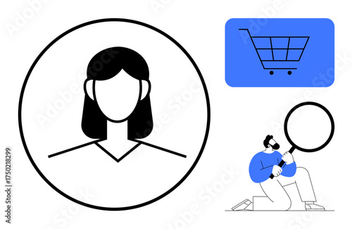 Female user profile icon, a shopping cart, and a person using a magnifying glass. Ideal for e-commerce, user analytics, data search, retail, user experience, technology and marketing concepts