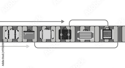 Baggage carousel with various suitcases moving, simple monochrome design