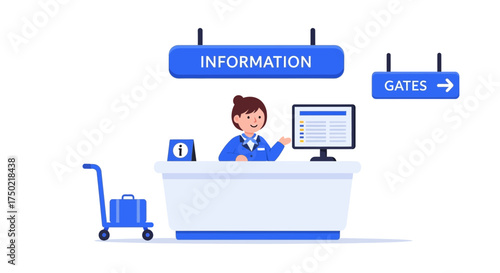 Cartoon Airport Information Desk with Attendant and Signage Illustration