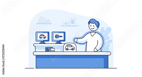 Car rental service point, man delivering car key to customer cartoon style