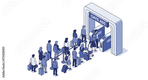 Conceptual Illustration of Travelers Waiting in Line at Airport Gate A05