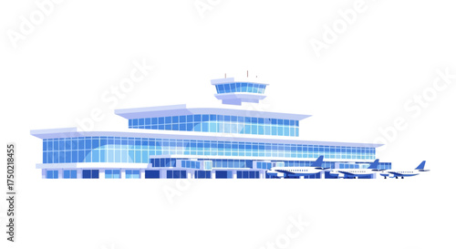 Contemporary airport terminal illustration with jets parked ready for take off
