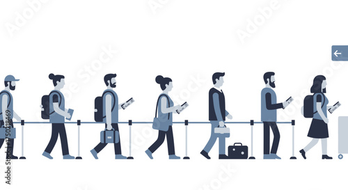 Crowded airport security line with diverse passengers in modern design