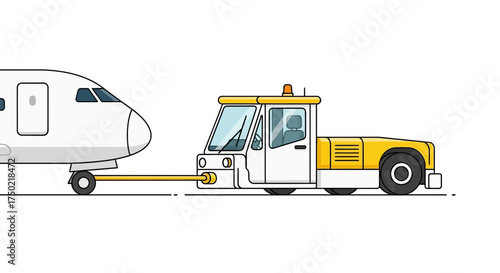 Creative illustration of airplane towing tractor isolated on clean background
