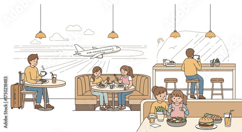 Cozy airport restaurant illustration, people enjoying meals before their flight