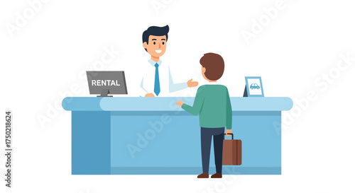 Illustration of a smiling clerk serving customer at car rental service