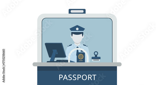 Immigration Officer Inspecting Passport at Border Control Illustration