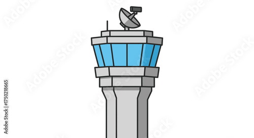 Isolated Airport Control Tower Illustration with Communications Technology