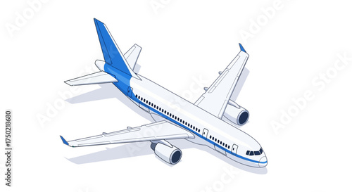Isometric airplane illustration with blue accents flying towards future