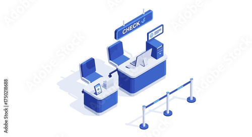 Isometric airport check-in desk illustration for design and presentations