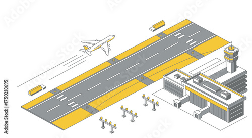 Isometric Airport Illustration with Plane Takeoff and Terminal View