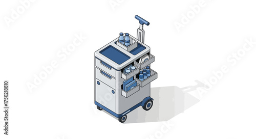 Isometric illustration of a mobile service trolley with essential equipment