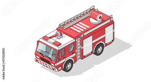 Isometric illustration of a red and white fire truck with ladder