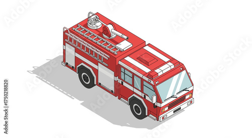 Isometric illustration of a red fire truck isolated on white background