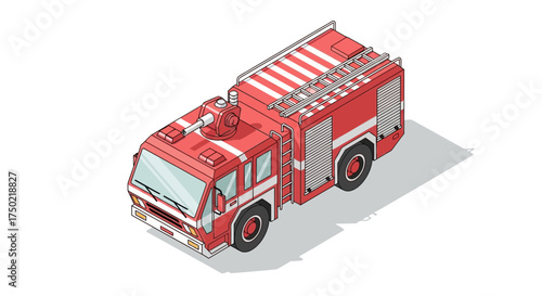 Isometric illustration of a red fire truck with a ladder on top view