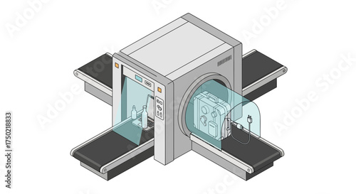 Isometric illustration of a security checkpoint scanner with luggage inside