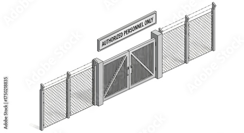 Isometric illustration of a secured entry gate with barbed wire fence