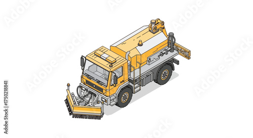 Isometric illustration of a yellow street sweeper truck on white background