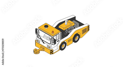 Isometric illustration of airport tug vehicle for aircraft towing process