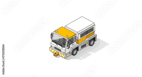 Isometric illustration of an airport tug with vibrant yellow accents and white
