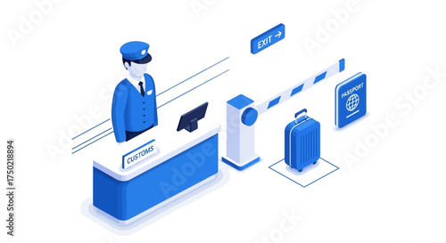 Isometric Illustration of Immigration Customs Inspection and Travel Journey
