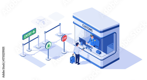 Isometric illustration showcasing customs checkpoint with traveling passenger