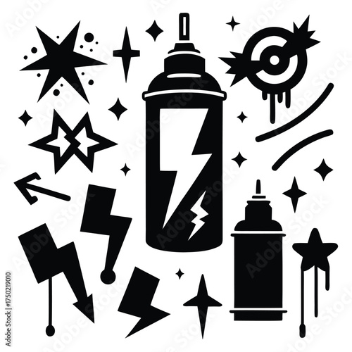 Black Graffiti Style Elements and Spray Cans lightning bolt