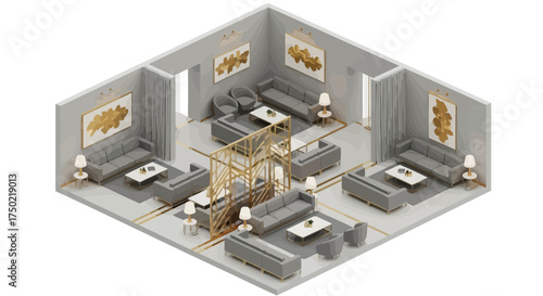 Isometric lounge design showcasing neutral tones and minimalist decor style