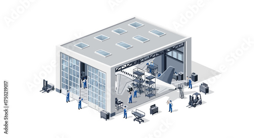 Isometric illustration showcasing maintenance, repairs and aircraft inspection