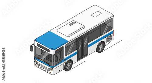Isometric projection of a passenger bus with blue accents, on white backdrop