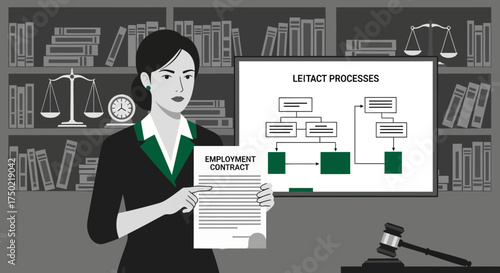 Illustration of a lawyer holding an employment contract with legal processes background